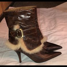 Women Boots Size 7.5, Nine West, Never Worn. Excellent Condition, Leather/ Rabbit Upper Brown Fur Boots, Pin Up Outfits, Chic Heels, Fur Shoes, Aesthetic Shoes, Shoes Brown, Vintage Boots, Women Boots