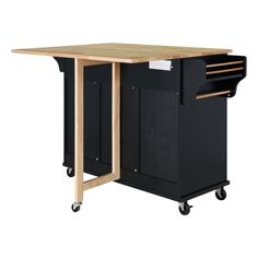 a wooden table with two black bins on wheels