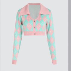 Cider Diamond Pattern Cropped Button Up Cardigan Sweater Pink Aqua Size Large Brand New With Tags Diamond Pattern Lapel Collar Cropped 15% Polyester 85% Viscose Preppy Academia Clueless Urban Streetwear Argyle Wave Sweater, Coffee Date Outfits, Colorful Wardrobe, Oversized Knit Cardigan, Long Denim Skirt, Argyle Pattern, Button Up Cardigan, Boutique Tops, Cozy Outfit