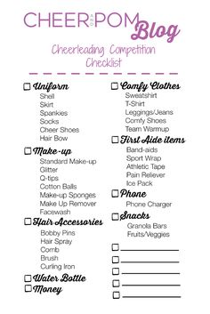 a checklist with the words, cheer pom blog and other items on it