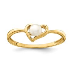 14k yellow gold children's polished heart ring with 3-4mm white button freshwater cultured pearl. Band width measures approximately 1/16". Heart Shaped Engagement Rings, Gold Heart Ring, Pearl Stone, Yellow Rings, Kids Rings, Pearl Heart, Childrens Jewelry, Pearl Types, Girls Necklaces