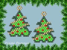 two pixelated christmas trees with red and green decorations