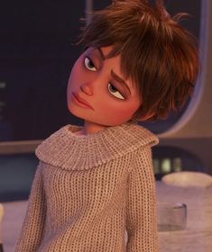 the animated character is wearing a sweater and looking at something in front of her face