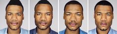 four different angles of a man's face with various facial expressions and haircuts