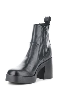 A chunky platform and block heel add scene-stealing height to a waterproof leather bootie fitted with a goring side panel for easy wear. Waterproof: protects against rain, puddles and slush to keep feet dry in wet conditions 3 1/2" heel; 1" platform 5 1/4" shaft Side zip closure with elastic gore inset Memory foam cushioning Leather and textile upper/textile lining/rubber sole Made in Portugal Chunky Platform, Nordstrom Store, Leather Booties, Black Fits, Easy Wear, Panel Siding, Bootie, Side Zip, Veil