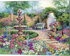 a painting of a garden with flowers and a bench