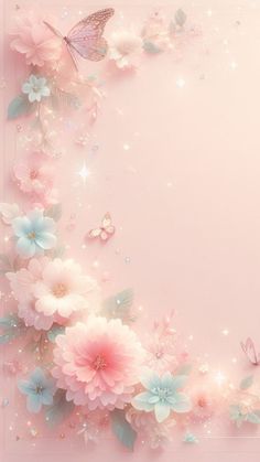 a pink background with flowers and butterflies