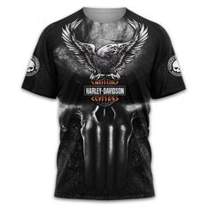 the harley davidson t - shirt with an eagle on it's chest and two skulls