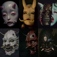 six masks with different facial expressions and fangs on their faces, all in various colors