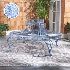 Antique Blue Outdoor Tree Bench, Bench Around Trees, Classic Romantic Style, Tree Bench, Blue Patio, Blue Bench, Wrought Iron Chairs, Inside A House, Outdoor Trees