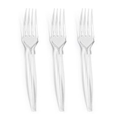 three forks and two knives on a white background with clippings to the side