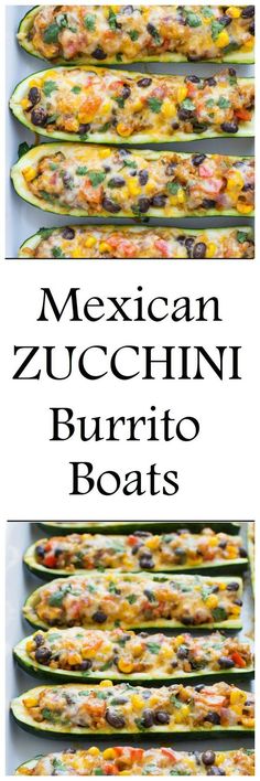 mexican zucchini burrito boats are shown in three different images, with the title'mexican zucchini burrito boats '