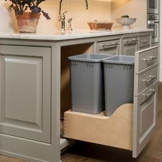 an open kitchen cabinet with two trash cans in it