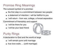 two wedding rings sitting next to each other on top of a white sheet with the words, prom ring meanings