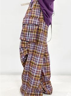 These pants feature an all-over plaid pattern and come with cargo pockets. Designed in a straight-leg fit, they are perfect for flattering the leg shape and providing a slimming effect. The sides of the legs are adorned with ruched detailing for added style.  The price includes only one pair of pants.   	 		 			Size 			S 			M 			L 		 		 			Waist 			68 			72 			76 		 		 			Length 			105 			107 			109 		 		 			Hips 			92 			96 			100 Plaid Bottoms For Fall Streetwear, Trendy Plaid Bottoms With Pockets, Purple Plaid Pants, Purple Streetwear Pants With Pockets, Plaid Trousers With Pockets, Purple Full-length Cargo Pants With Pockets, Wide-leg Plaid Bottoms With Pockets, Steampunk Fashion Female, Steampunk Fashion Male