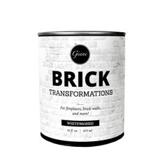 a can of white paint with the words brick in black writing on it, against a white background