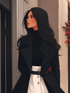 a painting of a woman with long black hair wearing a white dress and coat standing in front of a doorway