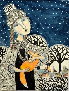 a drawing of a woman holding a cat in her arms and looking at the sky