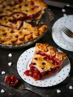 a slice of cherry pie on a plate