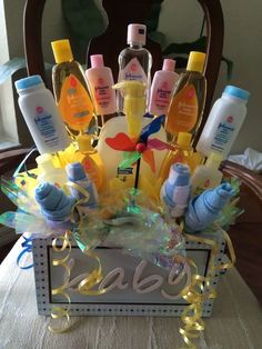 a basket filled with baby products on top of a table