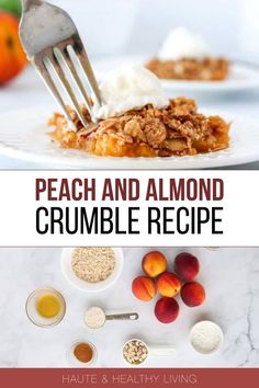 peach and almond crumble recipe on a white plate with a fork next to it