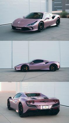 three different views of a purple sports car in front of a white wall and another side by side