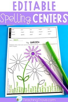 a printable spelling center for kids with the words, editable spelling centers and flowers