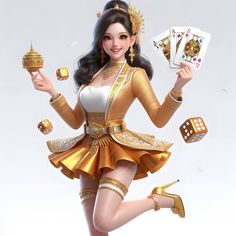 a woman dressed in gold and white holding cards, dices and playing cards with both hands