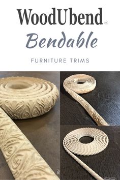 woodturned bendable furniture trims are shown in three different pictures and the text is