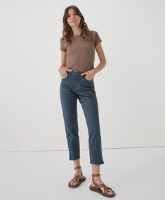 Ditch your dirty denim for good. Our Stretch Twill Denim Collection is designed to feel like a classic jean but perform like comfortable cotton. The perfect balance of structure and stretch, these clean denim alternatives are sure to be your best fit yet Soft organic twill with stretch and shaping Flat front waistband, elastic back Belt loops, functional fly and metal zipper with branded shank closure Curved hip pockets, two back patch pockets Straight leg, ankle length with notch at ankle Mid-r Slim Straight Pants, Denim Collection, Classic Jeans, Slim Pants, Slate Blue, Bottoms Pants, Jumpsuits For Women, Feel Like, Womens Bottoms