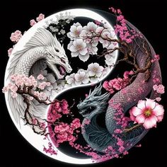 two white and black dragon sitting on top of a yin - yang with pink flowers