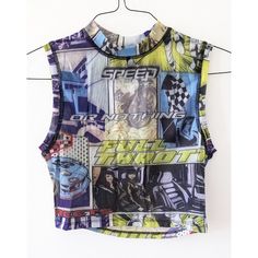 Comes As Pictured Colorful Comic Racing Theme Graphic Print Mesh Crop Top Material: 82% Nylon, 18% Spandex Woman's Size: Medium Great To Wear For A Special Event Like Comic Con Or Concert, For Working Out At The Gym Or Doing Yoga, Or Just Wear Casually! Y2k Summer Top With Character Print, Blue Y2k Crop Top For Streetwear, Y2k Style Character Print Summer Top, Trendy Graffiti Print Summer Tops, Pop Culture Tops For Streetwear In Spring, Summer Streetwear Tops With Character Print, Summer Tops With Character Print For Streetwear, Retro Stretch Crop Top With Graphic Print, Retro Stretch Graphic Print Crop Top