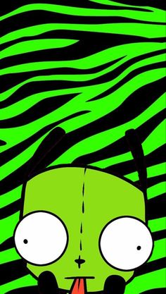 a green alien with big eyes sticking his tongue out in front of a zebra print background