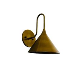 an old fashioned brass wall light with a black metal cone shade on the front and side