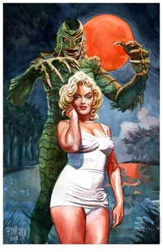 a painting of a woman in a white dress next to a monster