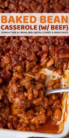 baked bean casserole with beef in a white dish