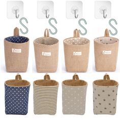 several different types of storage baskets with tags on the handles and bottom, all in various colors