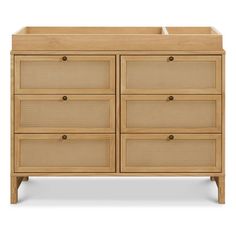 an image of a dresser with drawers on the front and bottom side, in natural wood