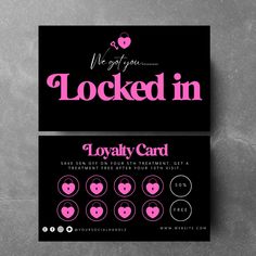 If you're looking for a way to increase your customer loyalty and keep them coming back, then you need a black and pink neon trendy beauty loyalty card in a credit card style, perfect for collecting loyalty stamps! This card can be customized with your business information and logos, making it the perfect way to show your customers that you appreciate their patronage. You can also use this card to reward your loyal customers with special discounts and exclusive offers.  Plus, thanks to the easy-to-use templates available on Canva, you can create your own loyalty cards in minutes, without any design experience. So whether you run a salon, a hair business, or any other type of beauty business, a loyalty card is the perfect way to show your customers that you appreciate their support. This is Hair Cards Business, Black And Pink Business Cards, Mua Business Cards, Hair Business Cards Ideas, Thank You Business Cards, Nail Loyalty Card, Salon Black And White, Black And White Braids, Lash Business Cards