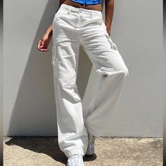 Nwt Size 2 From Princess Poly Over Sized Fit (Could Fit A 4) Casual White Mid-rise Cargo Jeans, White Mid-rise Cargo Pants, White Cotton Cargo Jeans, White Relaxed Fit Cargo Jeans, White Mid-rise Cargo Jeans With Pockets, White Cargo Pants, Festival Pants, Workwear Trousers, Cargo Style