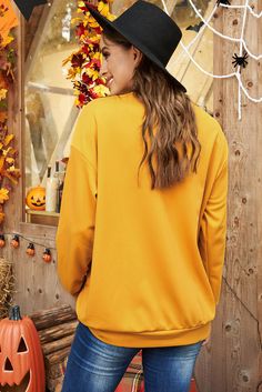 Ghosts Halloween Print Drop Shoulder Sweatshirt Casual Yellow Top For Halloween, Orange Crew Neck Hoodie For Fall, Yellow Long Sleeve Sweatshirt For Fall, Halloween Crew Neck Sweater, Yellow Crew Neck Sweatshirt For Fall, Yellow Long Sleeve Tops For Fall, Casual Crew Neck Halloween Sweater, Casual Halloween Crew Neck Sweater, Casual Crew Neck Sweater For Halloween