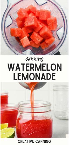 watermelon lemonade is being poured into a mason jar