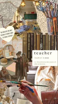 a collage of books and pictures with the words teacher on them, including an image of a woman holding a paintbrush