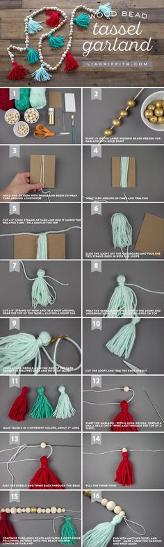 the instructions for making tassels with yarn and beads are shown in several different ways