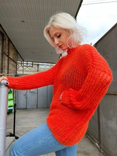 Angora Hand Knitted Sweater Pomegranate Flowers Spring | Etsy Casual Yarn Sweater For Fall, Casual Fall Sweater In Yarn, Orange Long Sleeve Knit Sweater, Red Chunky Knit Spring Sweater, Red Chunky Knit Sweater For Spring, Fall Knitting Pattern With Knit Fabrication, Spring Crew Neck Hand Knitted Sweater, Casual Red Knitted Sweater, Casual Long Sleeve Hand Knitted Pattern