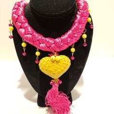 Pink And Yellow Hand Made Necklace With Crystal Beads And Earings. Adjustable Yellow Jewelry With Heart Beads, Unique Yellow Necklace For Party, Yellow Heart Beads Jewelry For Gift, Handmade Yellow Necklace For Party, Party Jewelry With Large Yellow Beads, Mexican Necklace, Pink And Yellow, Pink Yellow, Crystal Beads