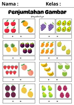 the worksheet is filled with pictures of fruits and vegetables to help kids learn how to