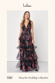 You'll be an utterly entrancing sight to see when you step out in the Lulus Garden Radiance Black Floral Print Organza Tiered Maxi Dress! Airy woven organza, with a romantic red and green floral print throughout, shapes this romantic dress that features a deep V-neckline and a pleated, sleeveless bodice. High, banded waist sits atop a cascading, tiered skirt that falls to an elegant maxi hem. V-back creates an extra-alluring final finish! Hidden back zipper/clasp. Fit: This garment runs small - Organza Maxi Dress, Black Tie Attire, Maxi Dress Floral, Wedding Vision, Lulu Fashion, Black Floral Print, Romantic Dress, Tiered Maxi Dress, Tier Skirt