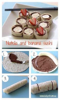 how to make nutella and banana sushi rolls with chocolate frosting on top