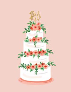 a card with a wedding cake and flowers on the top, says mr and mrs